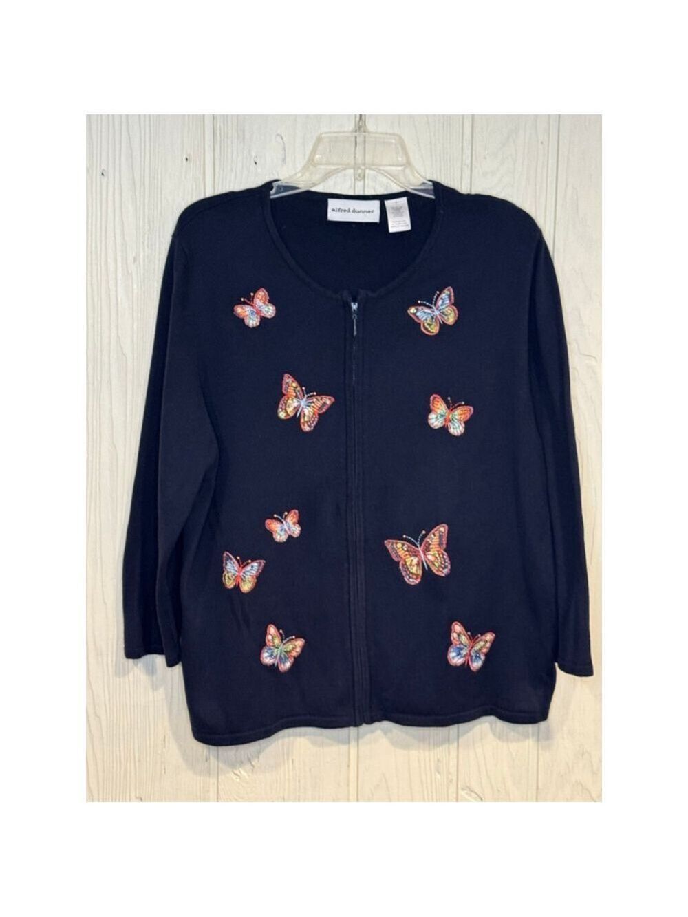 Alfred Dunner Navy Butterfly Zip Cardigan Large